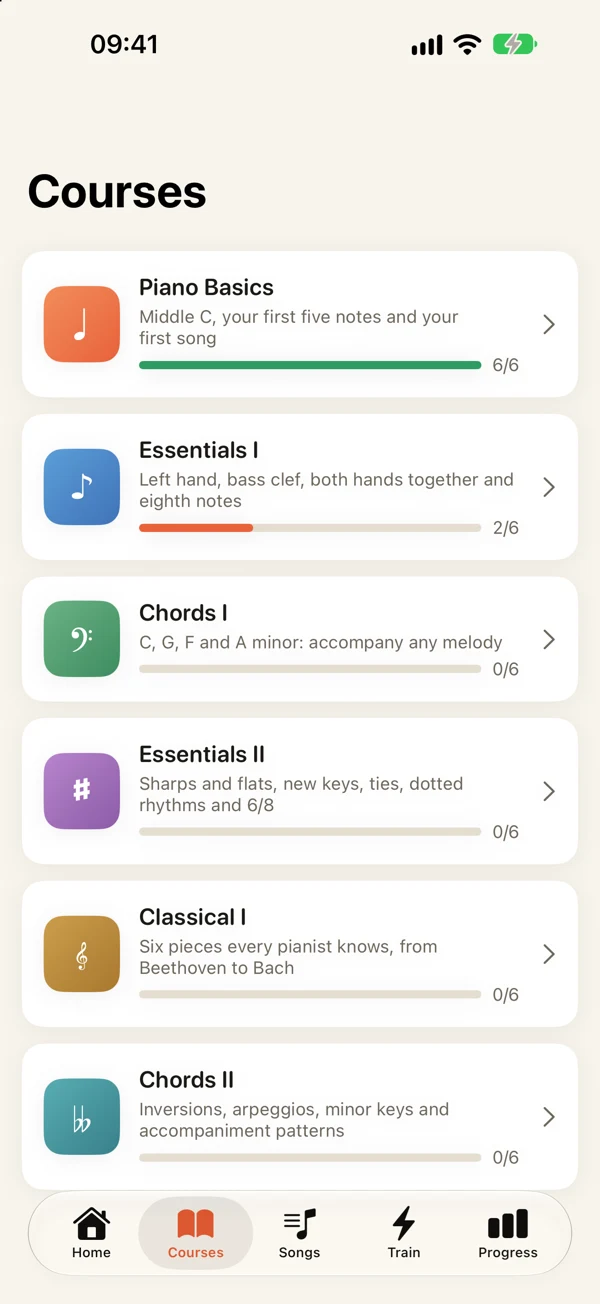 Six Klavi courses, from Piano Basics to Classical I