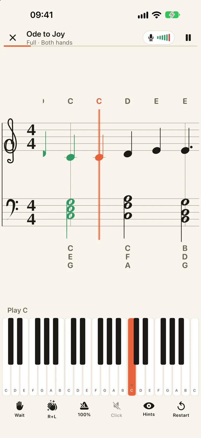 Klavi piano practice: Ode to Joy sheet music, both hands, and an on-screen keyboard