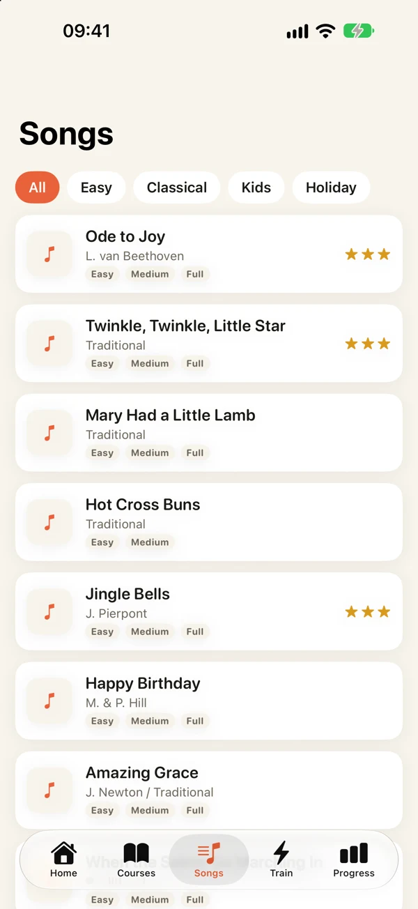 Klavi song library with Ode to Joy, Twinkle Twinkle Little Star and more