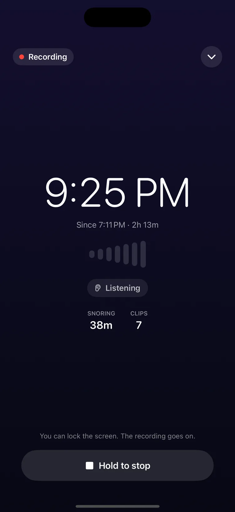 The night screen: a large clock, the time since the recording started, a level meter, a Listening pill, snoring time and clip count so far, and a Hold to stop button